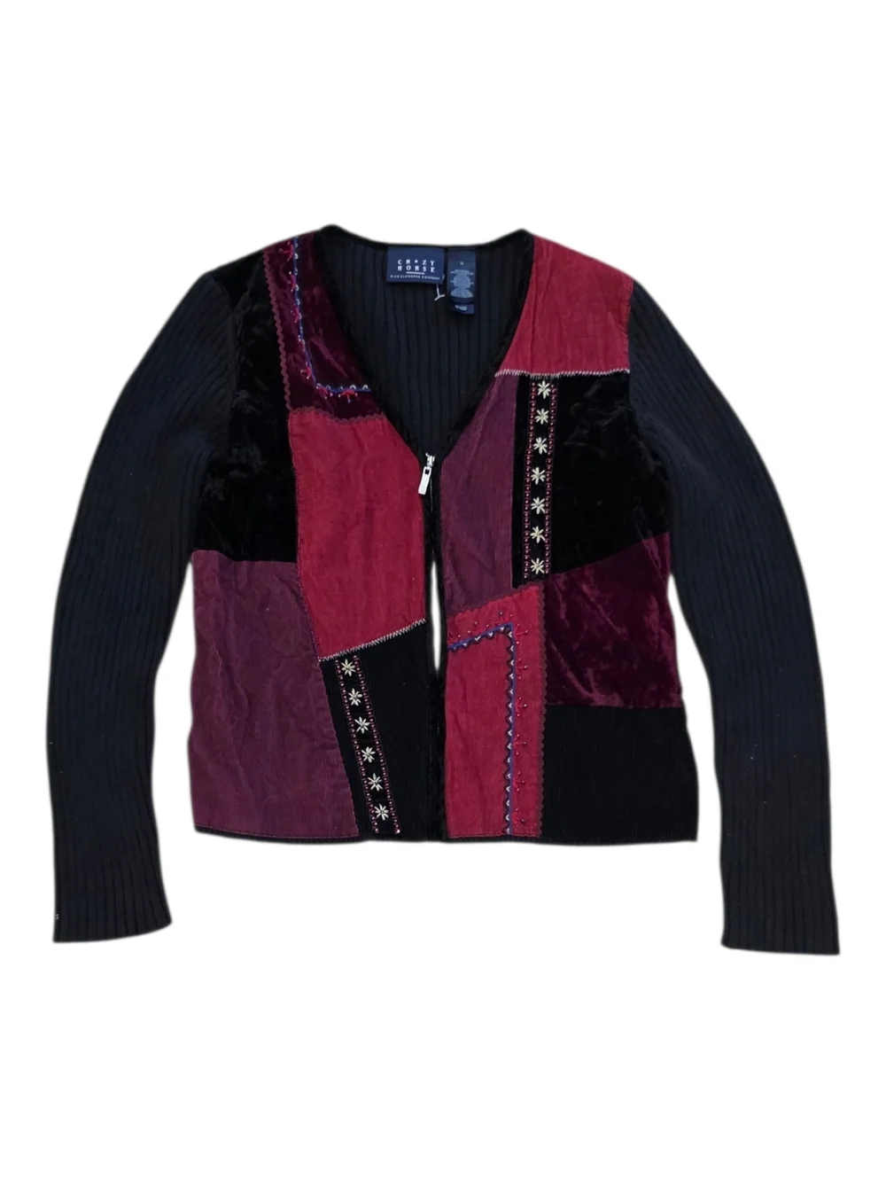 Crazy Horse Liz Claiborne Vintage Burgundy Patchwork Velvet Zipper Cardigan M - Picture 1 of 3
